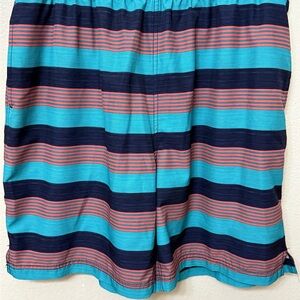 Speedo Navy Swim Shorts with light blue & pink strips. Classic Y2K style dadcore